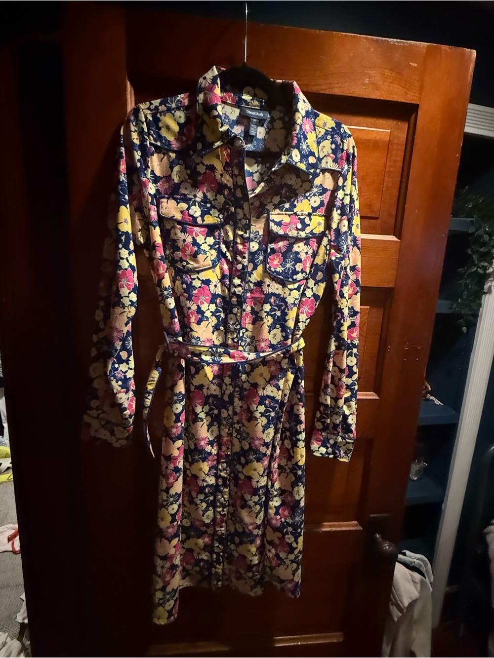 ModCloth Floral Belted Shirt Dress - Navy with Yellow & Pink Flowers